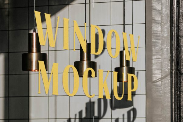 Front view, restaurant window mockup with yellow typography design.