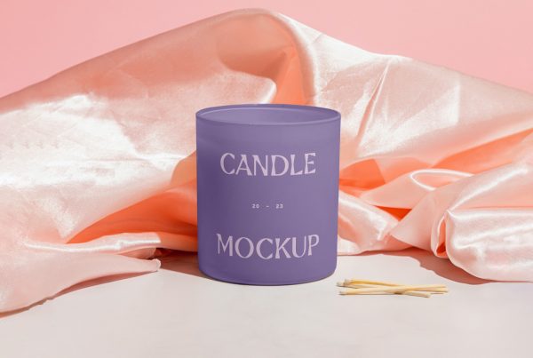 Purple small candle mockup standing on the bright beige floor.