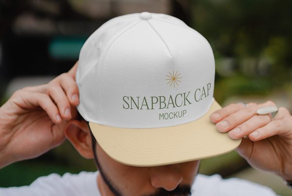 Men wearing snap back cup mockup in front of the blurred city nature.
