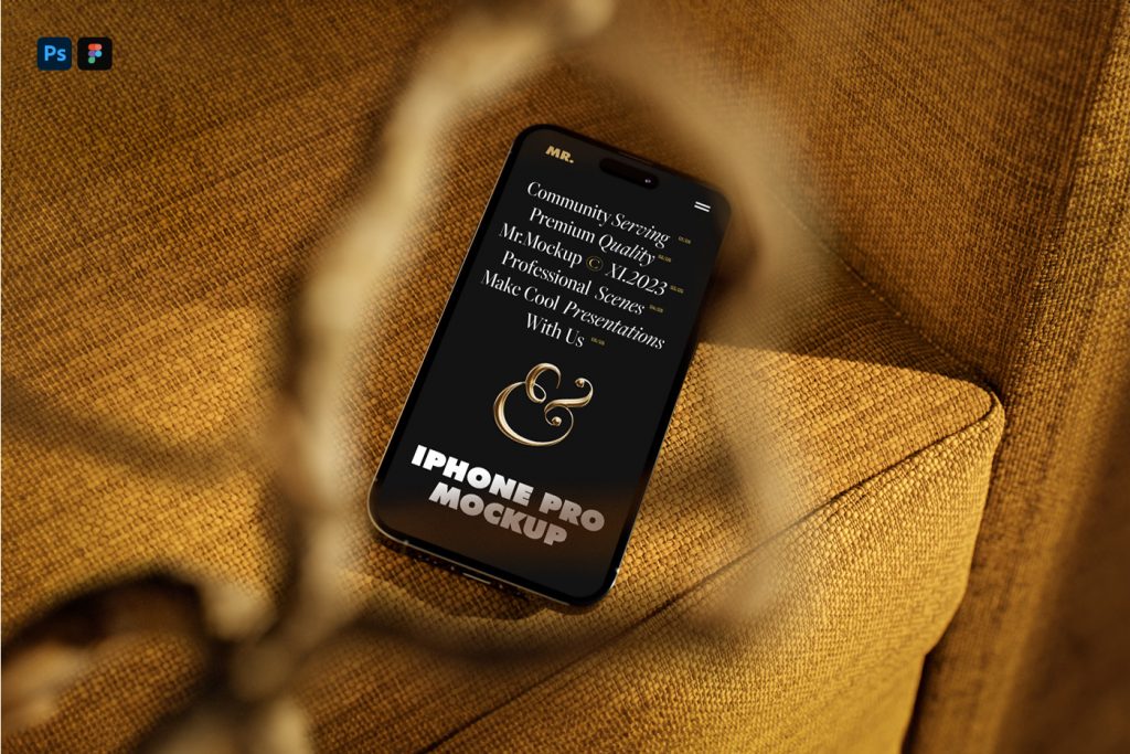 iPhone Pro Mockup laying on the yellow cotton sofa.