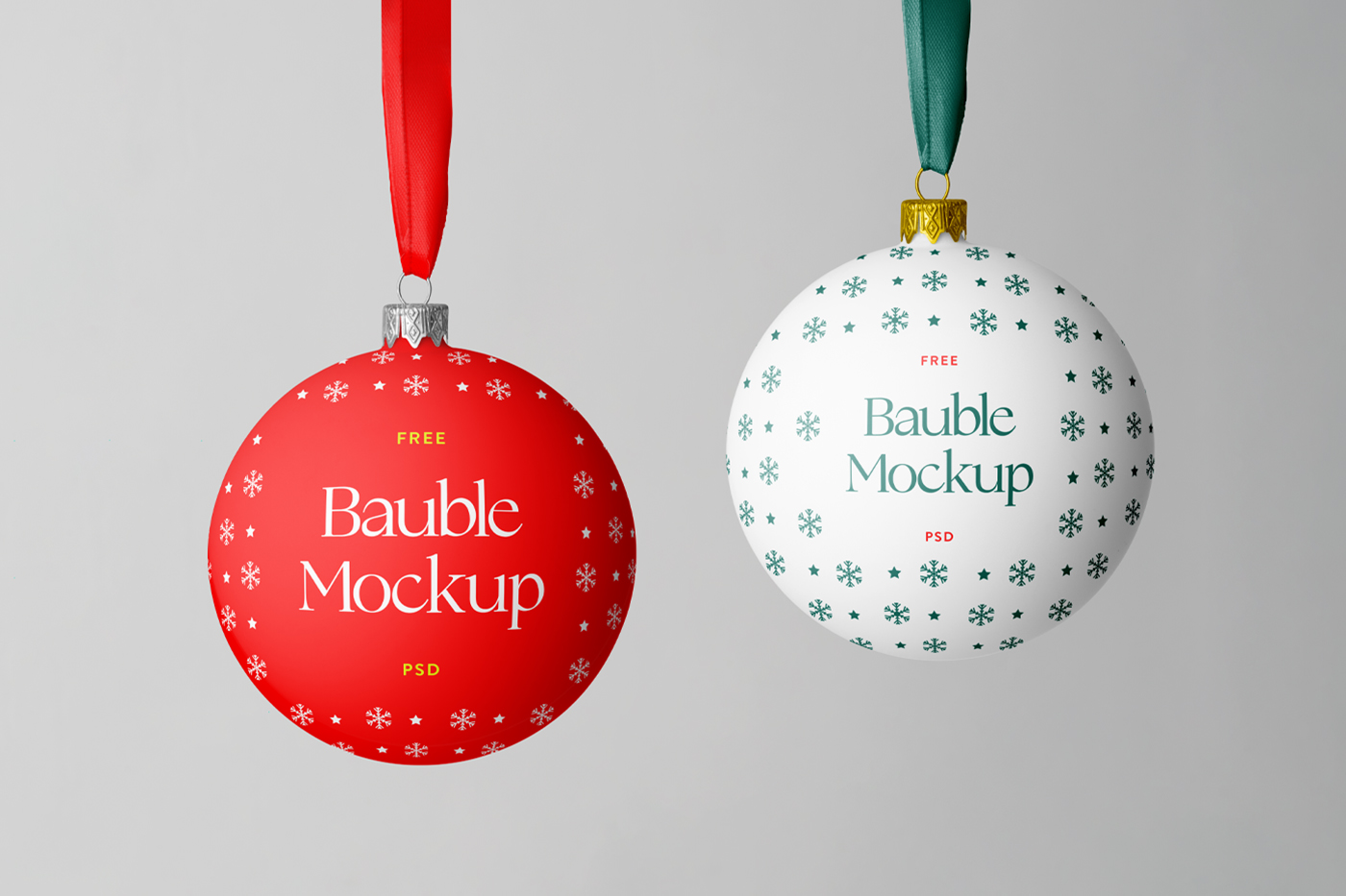 Front view, two Christmas Bauble Mockup hanging in front of the gray wall.