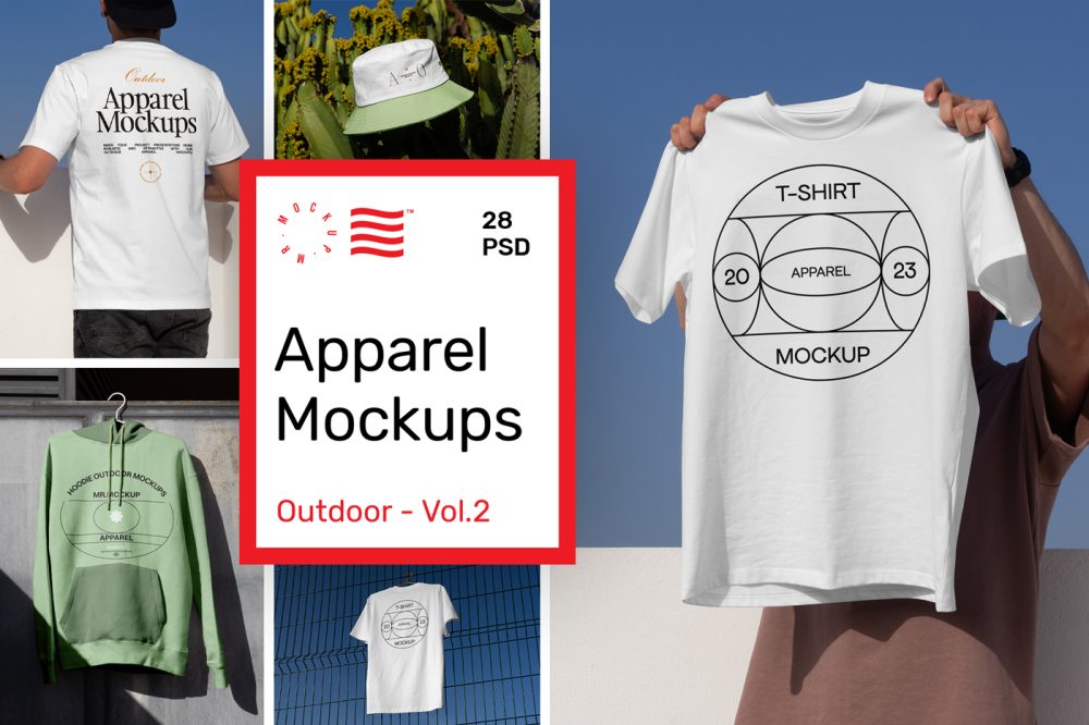 Product cover image from outdoor apparel mockups vol.2 showing five scenes from the product.