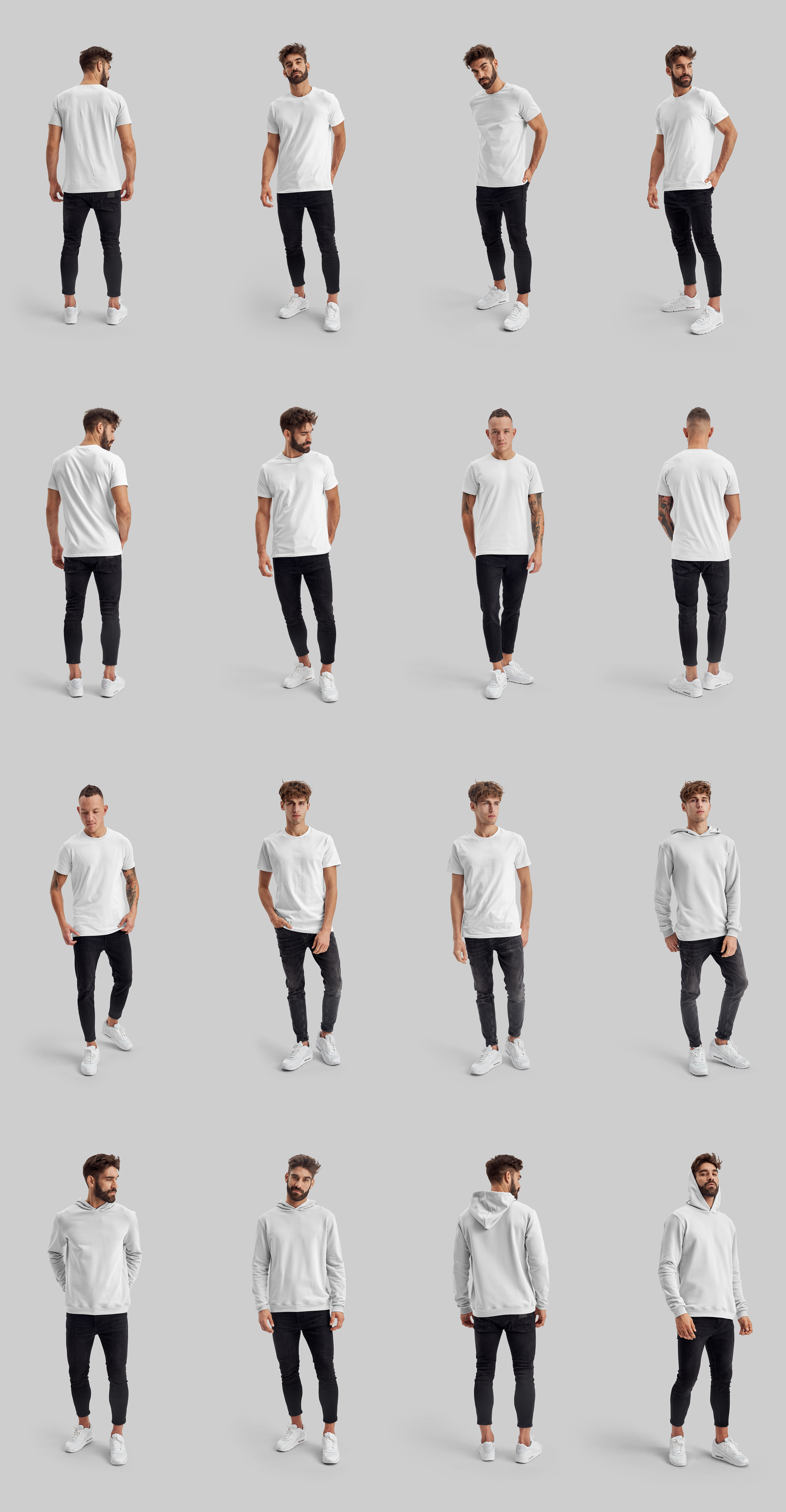 Sixteen men wearing white t-shirts and hoodies from Studio T-Shirt Mockups.