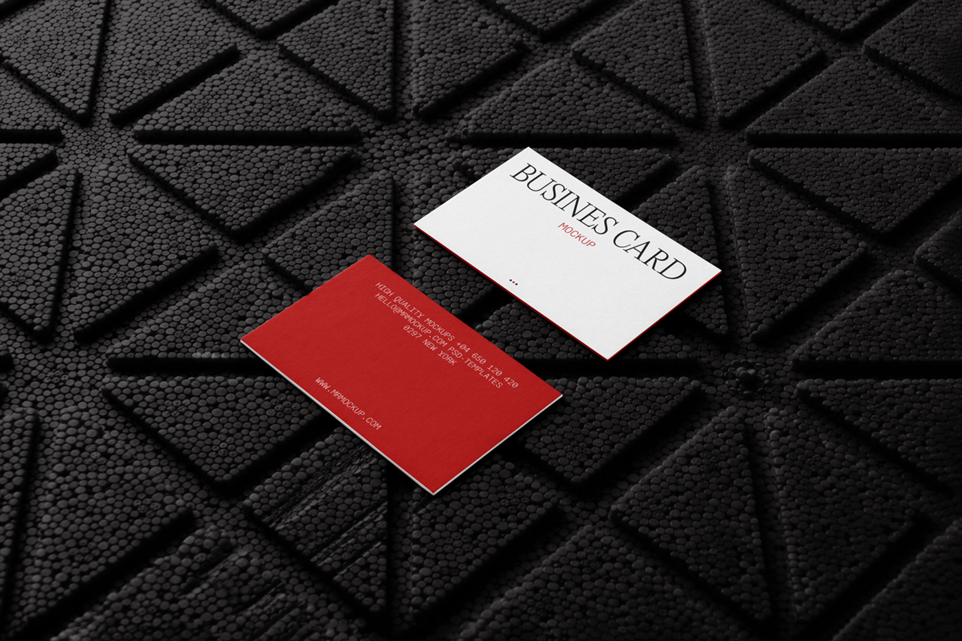View from above, business card mockup laying on the black styrofoam.