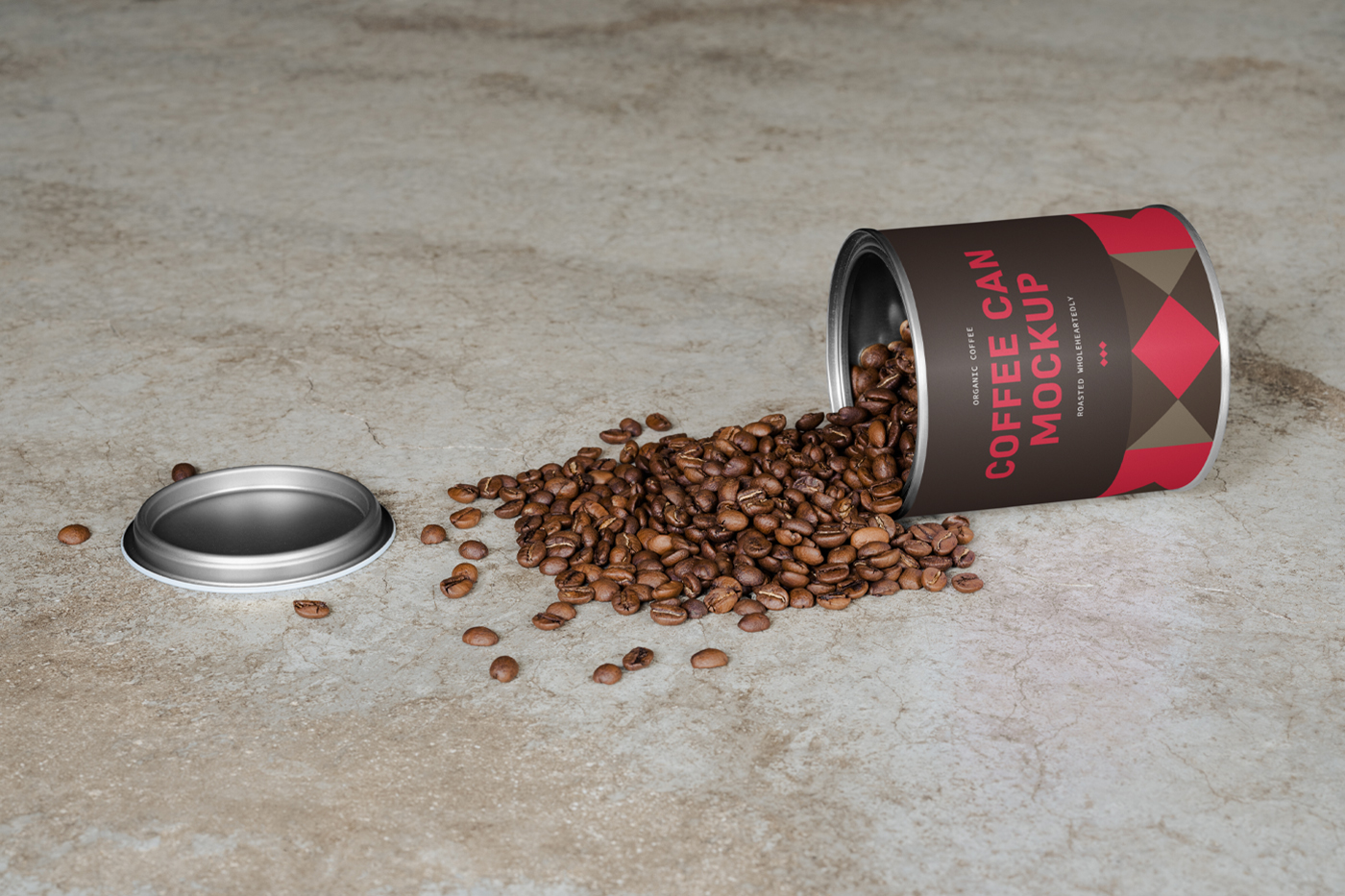 Coffee packaging can mockup laying on the concrete floor.