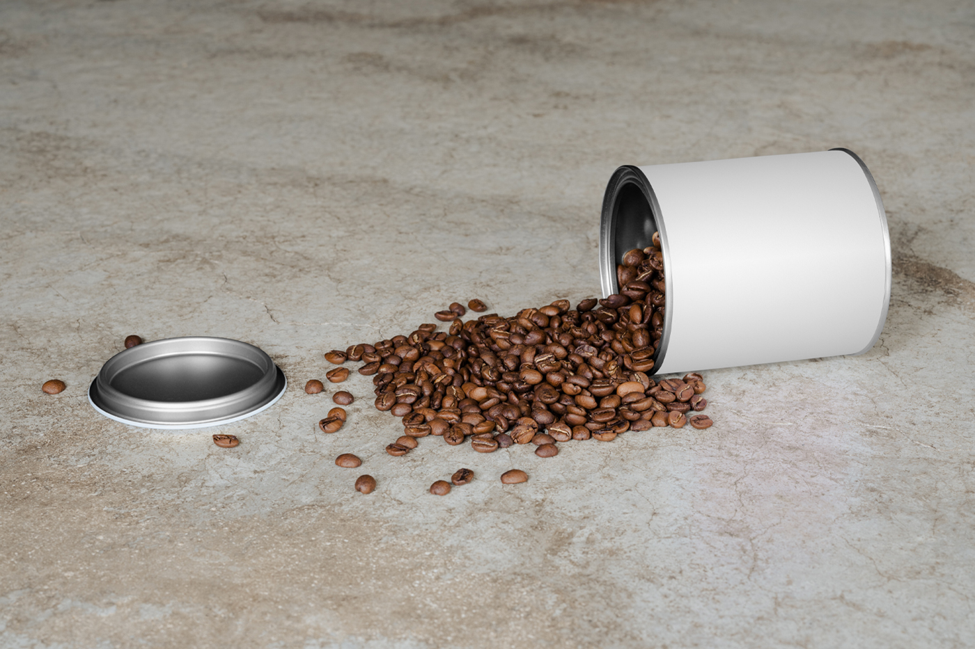 Blankl coffee packaging can mockup laying on the concrete floor.