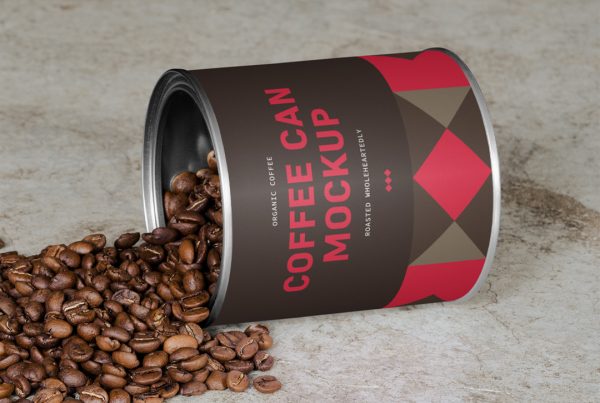 Coffee packaging can mockup laying on the concrete floor.