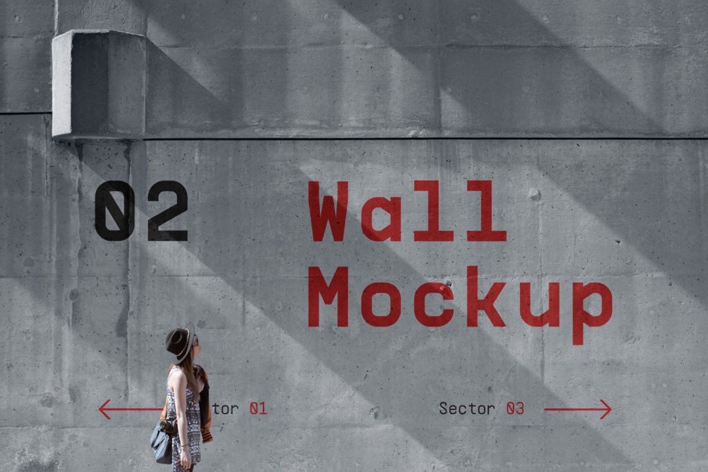Front view, concrete wall mockup with women in front to wall.