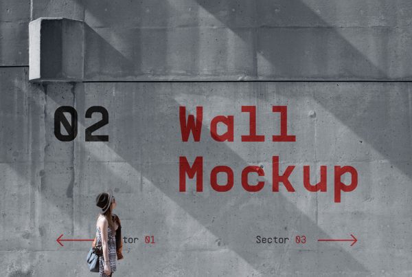 Front view, concrete wall mockup with women in front to wall.