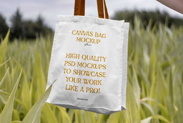 Front view, cotton bag mockup holding by women around nature.