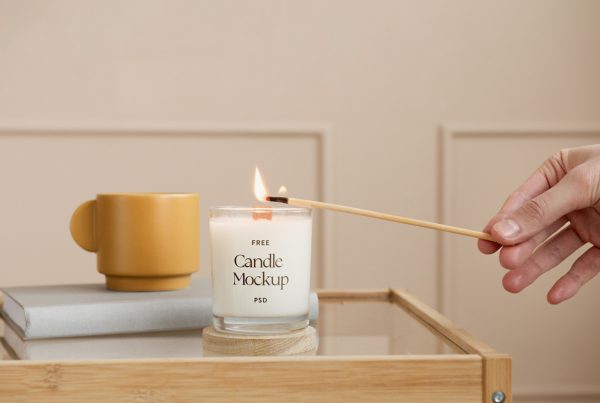 Front view, white lit candle mockup standing on the glass table with wooden frames.