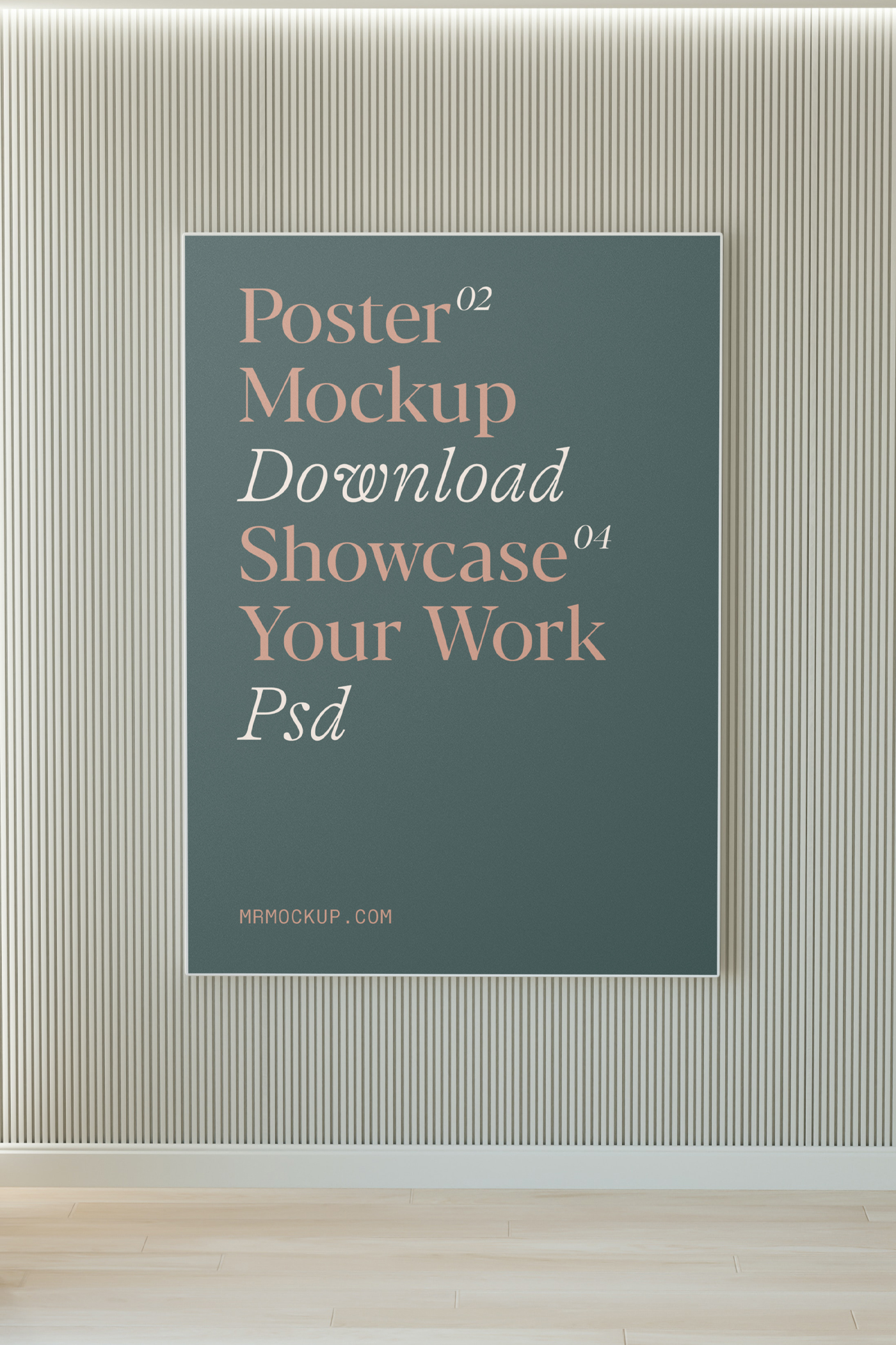 Front view, interior poster mockup hanging on the wooden wall.
