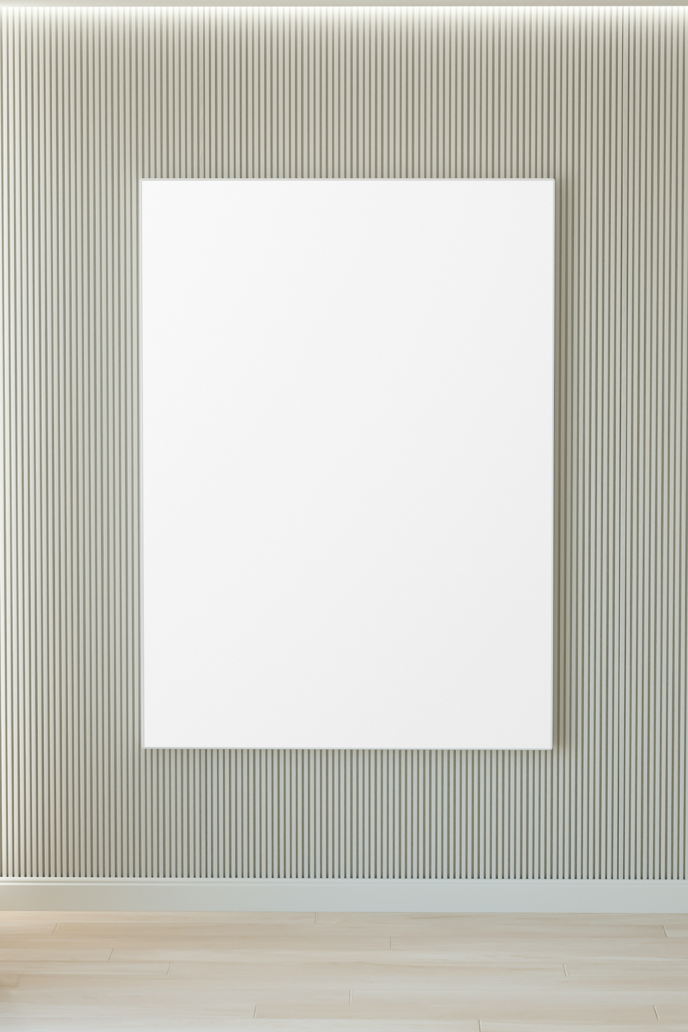 Front view, blank interior poster mockup hanging on the wooden wall.