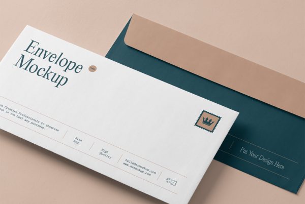 Two perspective envelope mockup laying on the beige floor.