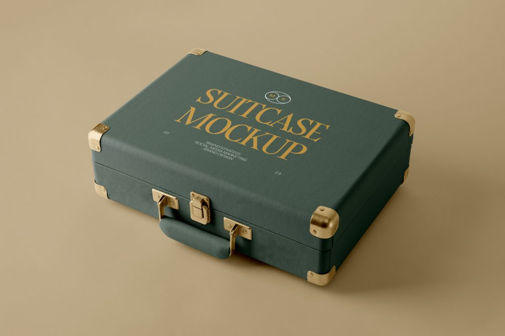 View from above, green suitcase mockup laying on the gold color floor.
