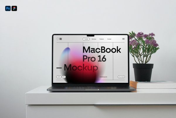 Front view, MacBook Pro Mockup laying on the white chest of drawers.