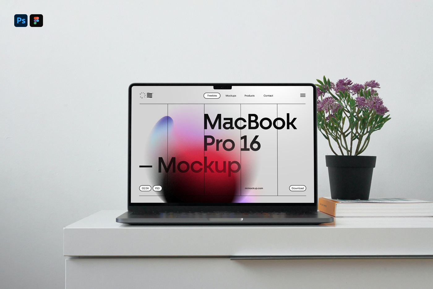 Front view, MacBook Pro Mockup laying on the white chest of drawers.