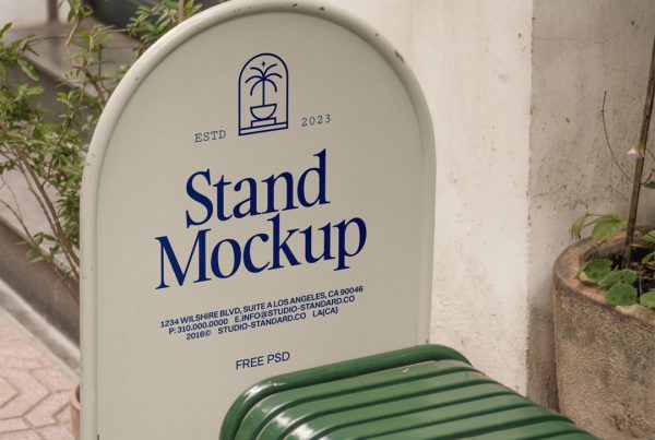 Metallic street stand mockup in front of the building.
