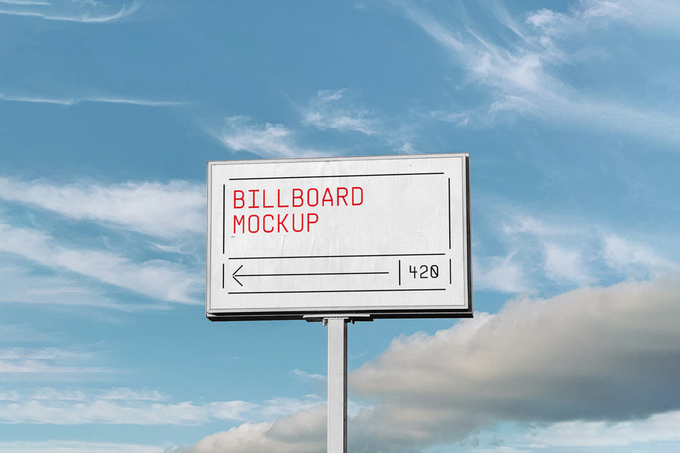 Front view, outdoor billboard mockup with silver frame with visible sky behind.