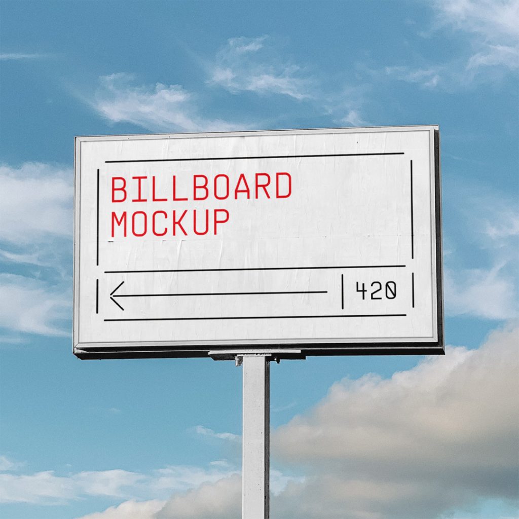 Front view, outdoor billboard mockup with silver frame with visible sky behind.