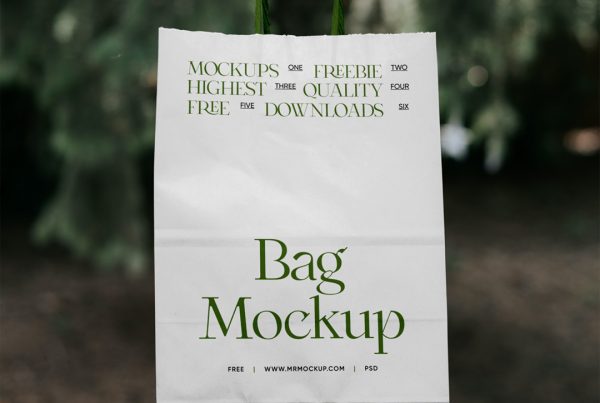 Front view, packaging paper bag mockup in front of the forest.