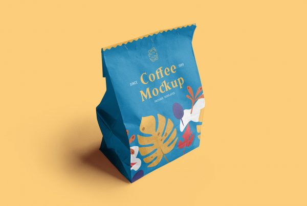 View from above, paper bag mockup standing on the yellow floor.