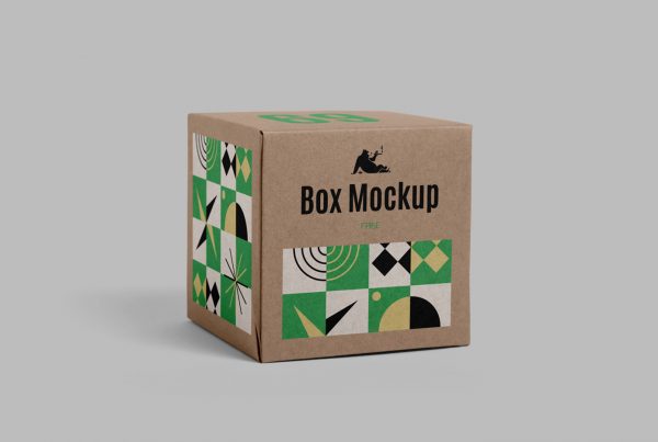 Front view, craft paper square box mockup standing on the gray color floor.