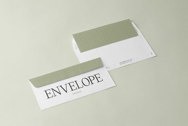 Two perspective envelope mockup laying on the green floor.