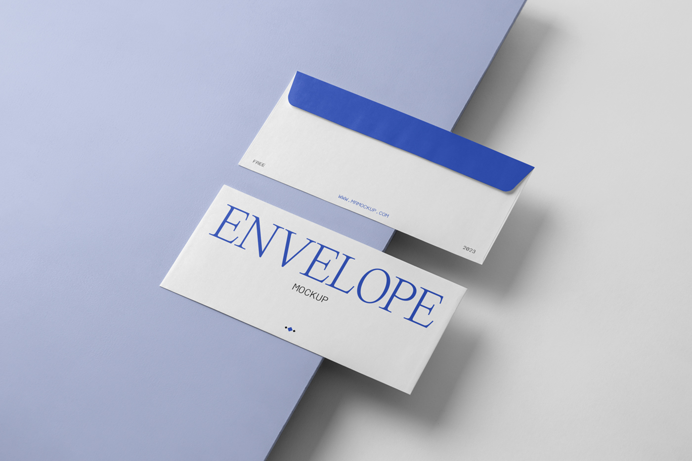 Two perspective envelope mockup laying on the purple box.
