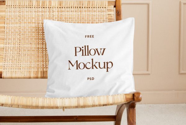 Front view, white pillow mockup laying on the chair inside the flat.