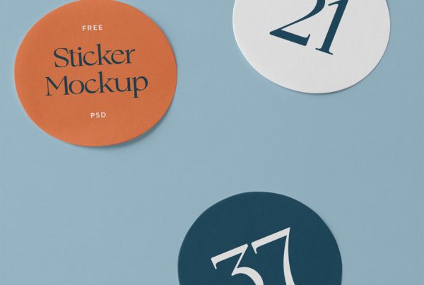 Three rounded sticker mockup laying on the blue floor.