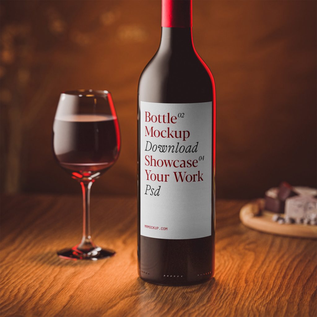 Front view, wine bottle with white label standing on the wooden table.
