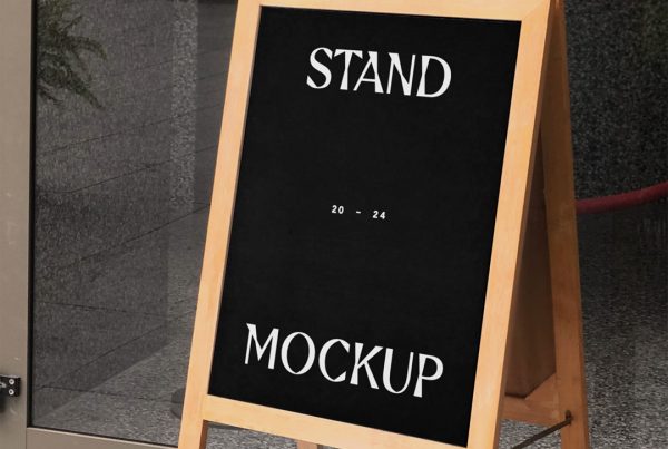 Front view, wooden street stand mockup standing in front of the restaurant.