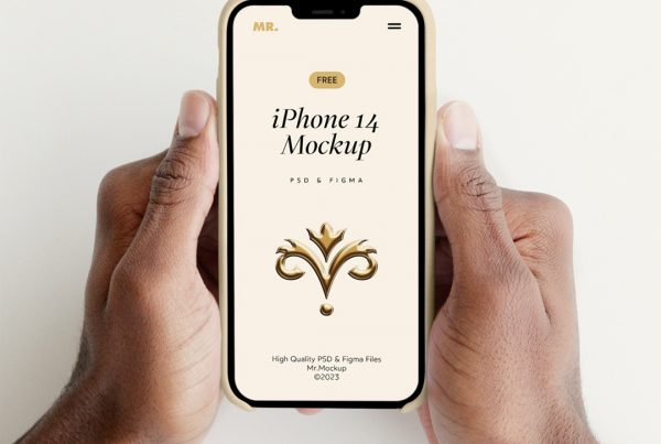 Man hands holding an iPhone pro mockup in front of the white background.
