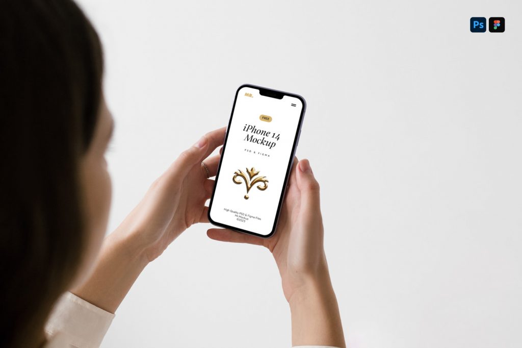 Woman holding an iPhone pro mockup in front of the white background.
