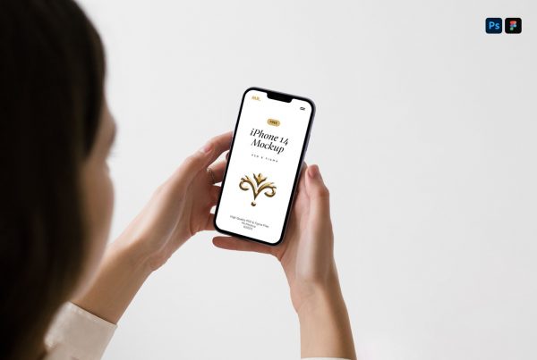 Woman holding an iPhone pro mockup in front of the white background.