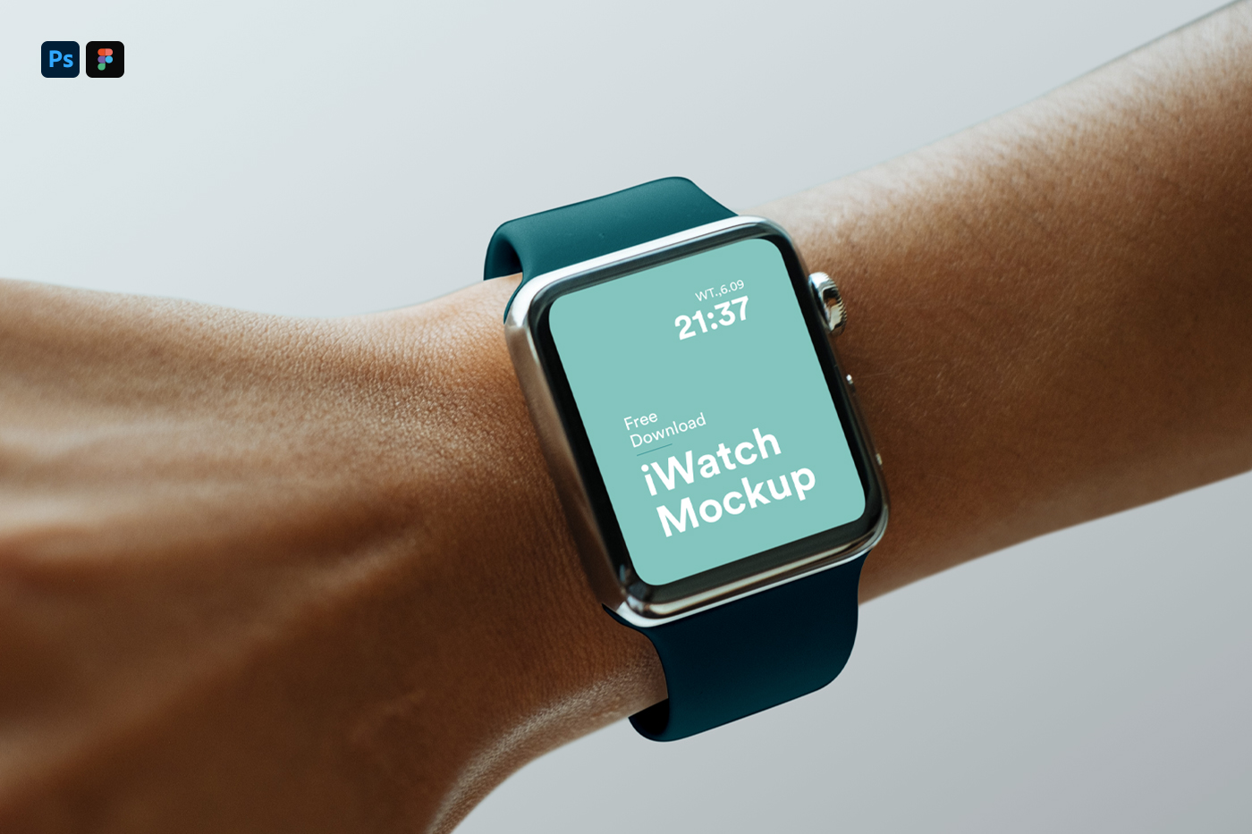Apple Watch on men's wrist mockup in front of the green background.
