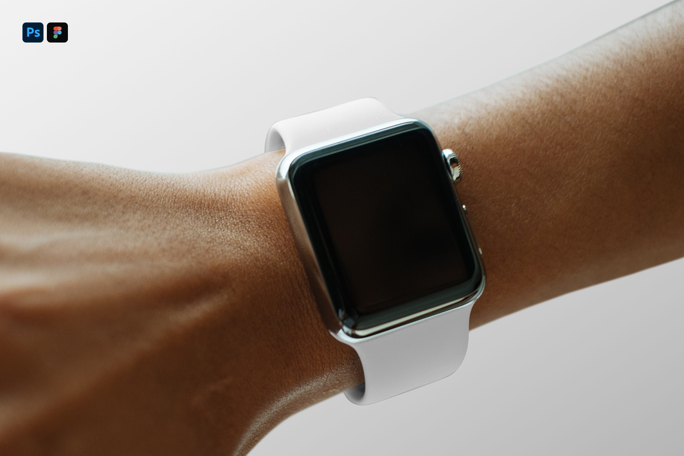 Apple Watch on men's wrist mockup in front of the green background.