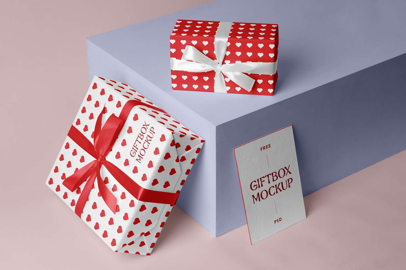 Boxes and card mockup are based on the purple cube laying on the bright red floor.