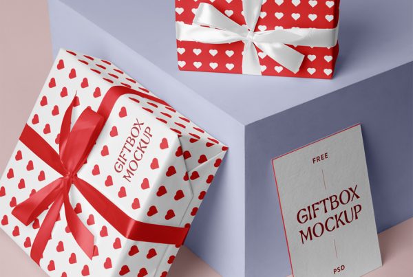 Boxes and card mockup are based on the purple cube laying on the bright red floor.