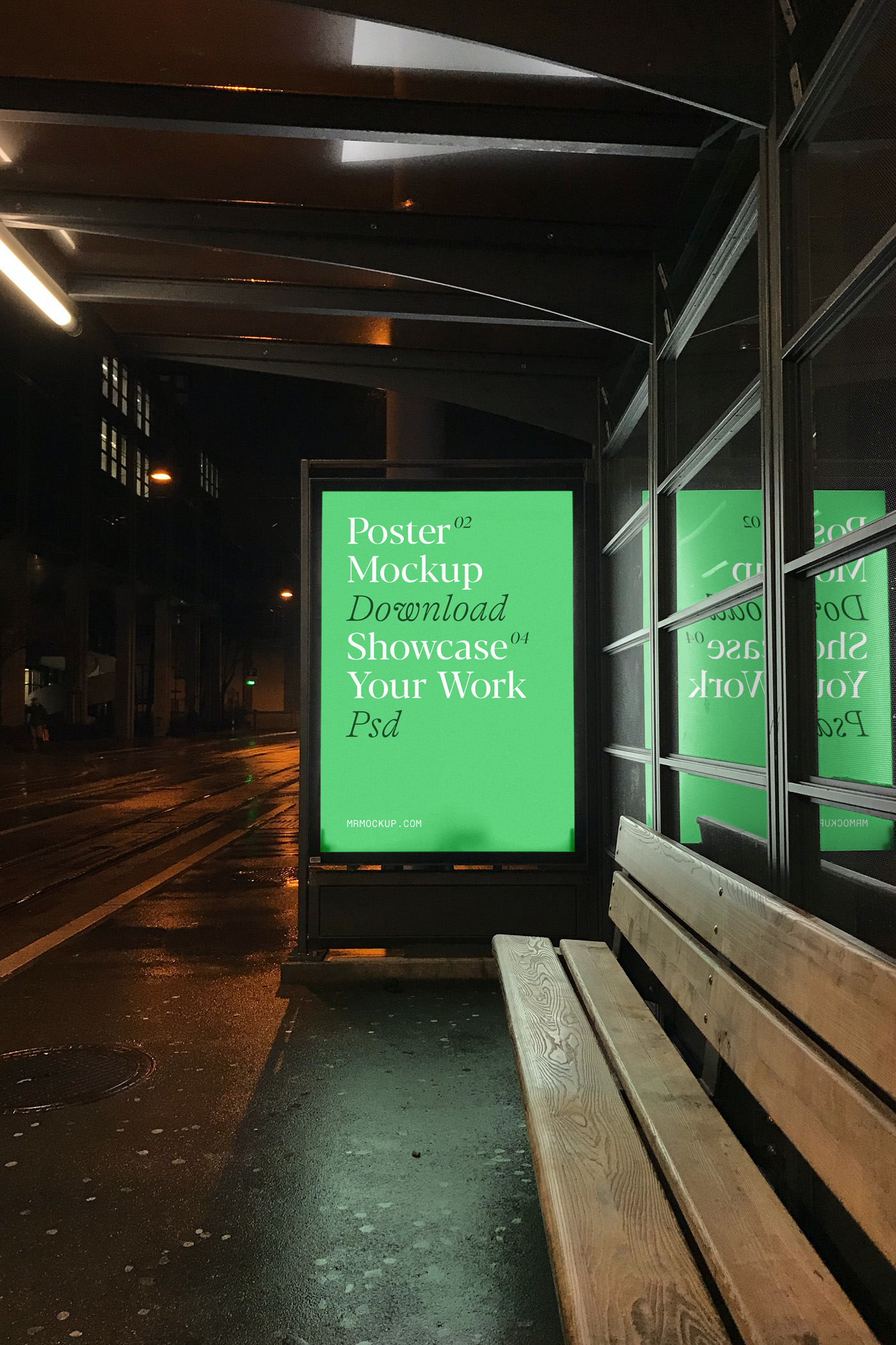 Front view, bus stop poster mockup at night.