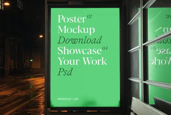 Front view, bus stop poster mockup at night.