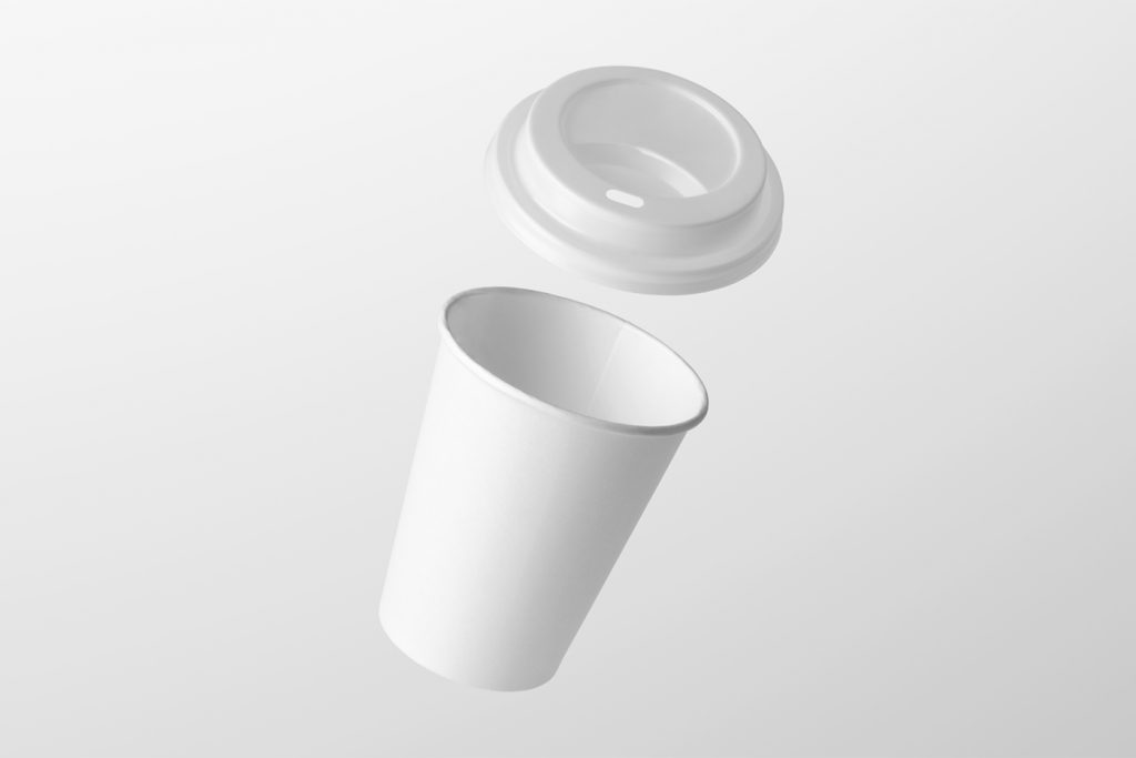 Front view, white coffee cup mockup with white lid levitating in front of the white background.