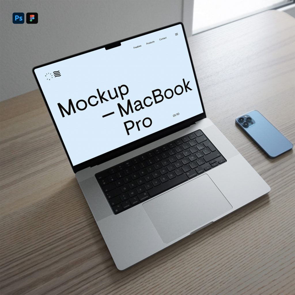 MacBook Mockup standing on the wooden desk inside the flat.