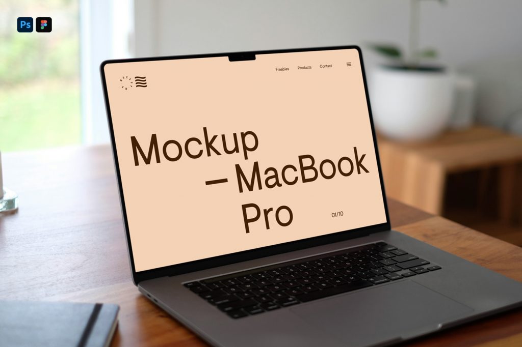MacBook Mockup standing on the wooden desk inside the flat.