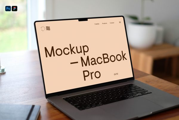 MacBook Mockup standing on the wooden desk inside the flat.