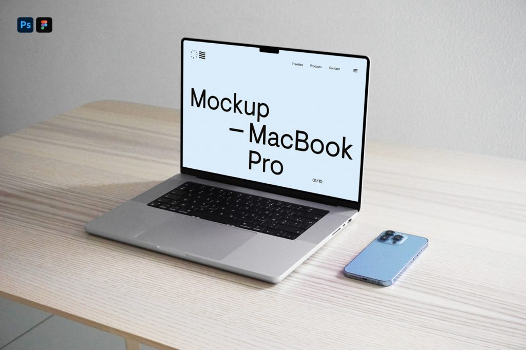 MacBook Mockup standing on the wooden desk inside the flat.