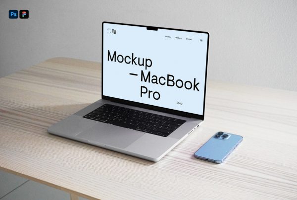 MacBook Mockup standing on the wooden desk inside the flat.
