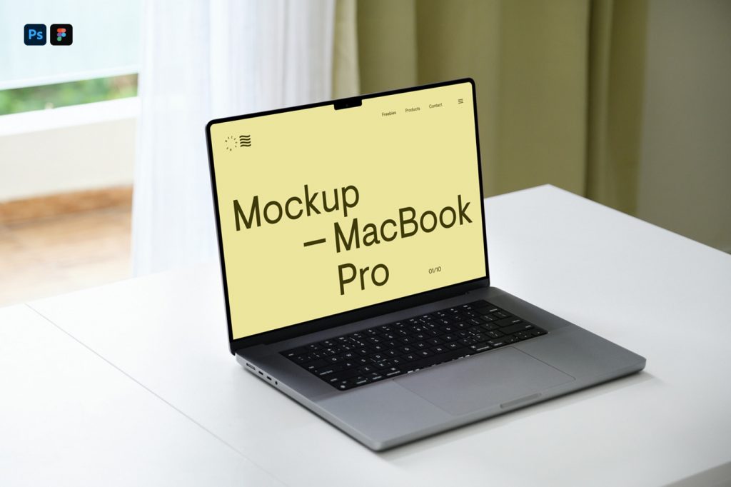 MacBook Mockup standing on the white table inside the flat.