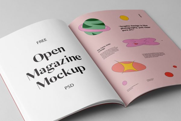 Open A4 magazine mockup with colorful design laying on the gray floor.